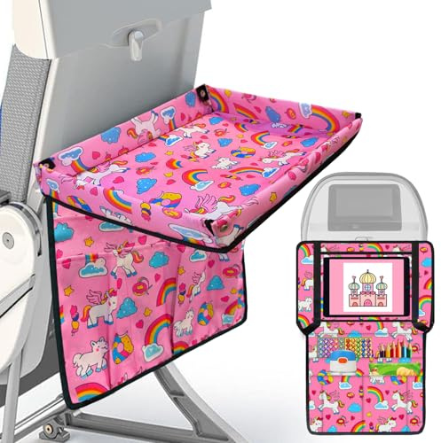 Adjustable Kids Tray Table Cover with Multi Portable Pockets, Airplane Travel Essentials for Kids, Toddlers, Adults, Airplane Must Haves, Plane Travel Essentials, Travel Tray for Plane Train, Horse