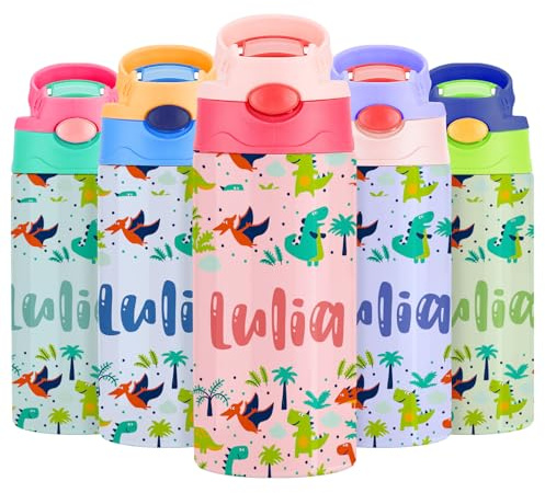 Personalised Water Bottles for Kids - Customised Kids Water Bottles with Name - Stainless Steel Water Bottle with Straw - 350ml Reusable Non Spill Bpa Free - Ideal for School Nursery Sports Picnic