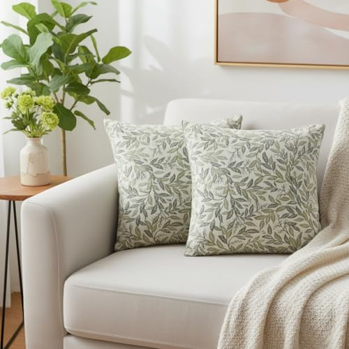 BREASOME Sage Green Leaf Textured Cushion Covers 45 x 45 cm Set of 2 | Spring Botanical Leaves Throw Pillow Covers, Soft Decorative Square Pillow Cases, for Sofa Couch Bedroom Living Room