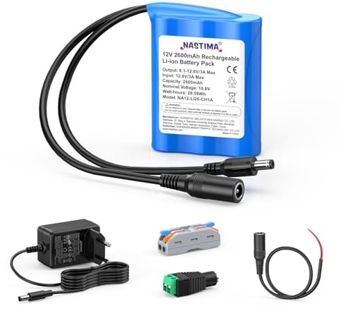 NASTIMA 2600mAh 28,08Wh 12V Batterie Lithium-Ion Rechargeable | Adatta per Fotocamere, Videocamere, Lettori MP3, Telecamere CCTV, Router, Radio, ecc. Include Caricabatterie e Connettore