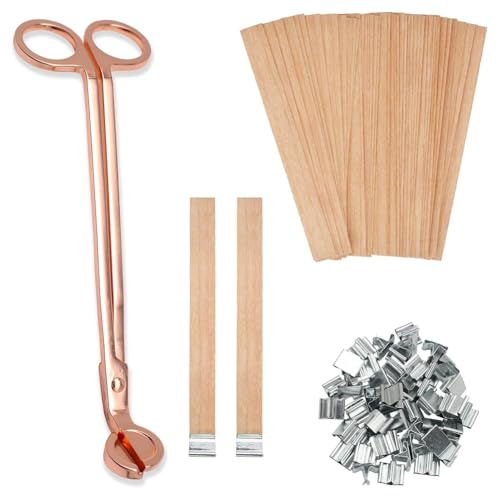 Paaruter 100pcs Wooden Candle Wicks 5.1 X 0.5 Inch, Smokeless -Wicks with Metal Clips, Glue-Dots and Wick Trimmer
