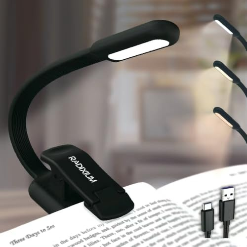 LED Rechargeable Book Light with Long Battery Life for Reading in Bed, Eye-Caring 4 Colour Temperatures & Stepless Dimming, Lightweight Flexible Clip-On Lamp for Book Lovers（Black