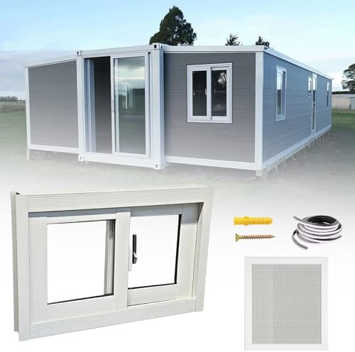 Schiebefenster aus Aluminium mit CT-Screen, gehärtetes Sicherheitsglas, kleiner Schuppen, Gartenhaus, Fenster für Hühnerstall & Keller, wetterbeständig, einfache Installation, Weiß, 56 x 40 cm