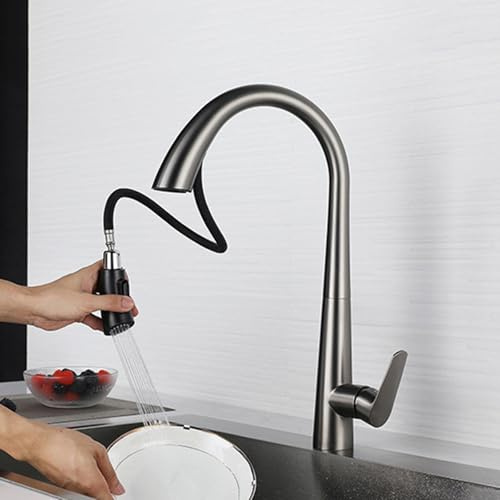 TYMYW Wasserhahn Küche Ausziehbar Edelstahl 360° Drehbar mit 2 Brause Spültischarmatur Einhebel Mischbatterie,Grau
