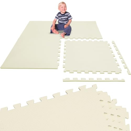 LittleTom Spielmatte Baby Puzzlematte Beige - 4 Teile je 50 x 50 cm - Krabbelmatte 100x100 cm Bodenmatte Kinder - Puzzle Teppich Kinderzimmer Matte - Bodenschutzmatte Spielteppich - Eva Schaumstoff