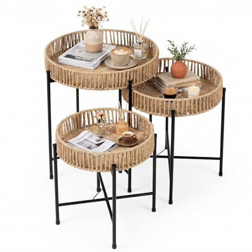 GIANTEX Runder Couchtisch 3er Set, Rattan-Beistelltische mit geflochtener Papierplatte, Metallrahmen, Boho-Stil Nisttische für Wohnzimmer und Schlafzimmer, 45 x 45 x 52 cm