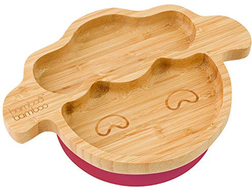 bamboo bamboo Baby Teller Kinderteller, Kindergeschirr mit Saugnapf, Bambus Babyteller mit sicherem Saugnapf, Sugnapf Teller Baby ab 6 Monaten (Lamm, Kirsche)