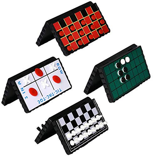 Playmags Point Games Reise-Brettspiel-Set – Packung mit 4 klassischen Magnetspielen für Kinder – enthält einzelne Bretter und Figuren für Dame, Schach, Tic Tac Toe und Reversi.