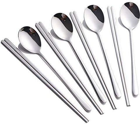 Buyer Star 4 Sätze flaches Essstäbchen Koreanischer Löffel 8 Stück Rostfreier Stahl Stäbchen Löffel Edelstahl Löffel Set (Silber)