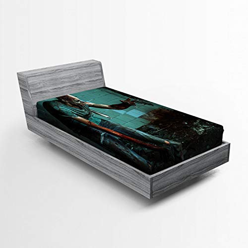 ABAKUHAUS Zombie Spannbetttuch, blutiger Alptraum, Soft Dekorativer Stoff Bettwäsche Rund-um Elastischer Gummizug, 90 x 200 cm, Teal Koksgraue