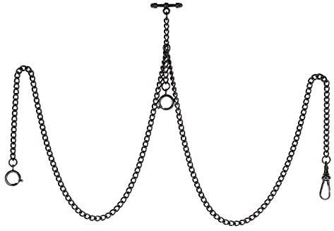 TREEWETO Pocket Watch Double Albert Chain T-Bar Watch Chain Link 16 inch 3 Hooks Black Classic Antique Fob T Bar