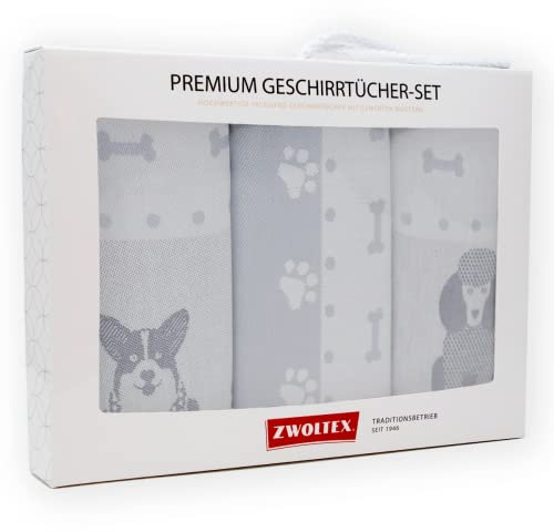ZWOLTEX Geschirrtücher Geschenkset aus 100% Baumwolle I Made IN EU I Oeko-TEX® 100 I Gewebte Geschirrhandtücher - Küchentücher 70x50 (Geschenkset (3X Küchentuch), Hunde (Grau)
