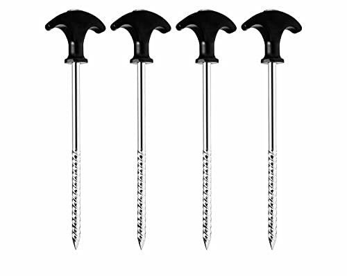 ADEPTNA Heavy Duty 4PK Spiral Thread Steel Tent Pegs Screw Hooks 20cm Ground Stakes Storm-Proof and Rust Proof – Ideal for Normal and Hard Ground