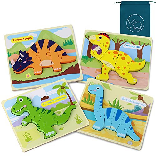 Dinosaur Toys for Boys, Dinosaurs Wooden Chunky Puzzles Montessori Toddler Game Set for Kids Age 1 2 3 4 5 Year Old Boys and Girls,3D Animal Wood Peg Jigsaw Toys 4Pcs with Drawstring Bag