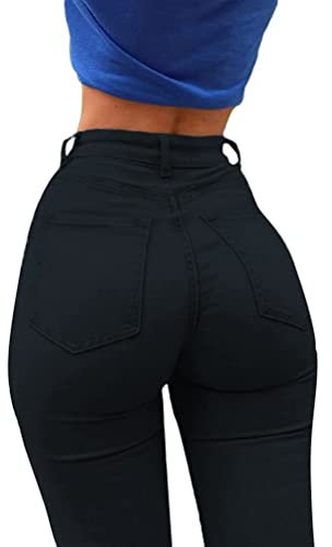 ORANDESIGNE Damen Stretch Hose mit Hoher Taille Jeggings Stretch Hose Push Up Jeans Mode Taschen Knöpfen Skinny Push Up Po Lang Hosen B Schwarz M