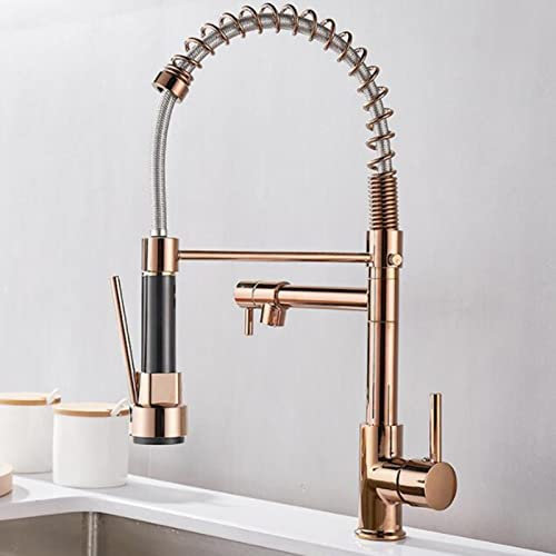Wasserhahn Küche Ausziehbar mit Brause Spültischarmatur Messing Einloch Drehgelenk Wasser Heiß und Kalt Duschmodus Wassersäulenmodus Küchenarmatur-Roségold