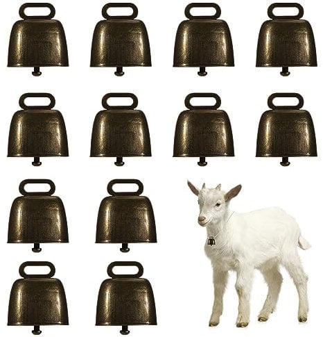 Mini Kuhglocke 12 Stück Vintage Eisenglocke Ziegenglocke Metall Haustier Glocken Haustier Halsband Bauernhof Tierglocke für Rinder Kuh Pferd Schafe Gelbbronze