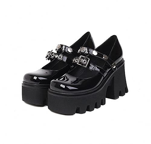 Ulalaza Women's Platform Mary Janes Heart Cat Buckle Rivets Ankle Lolita Gothic Princess Platform Pumps Patent Leather Thorn Vintage Traditional Embroidery Upper Dress Shoes, 3 UK