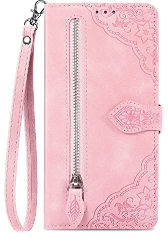 NEXCURIO Zip Wallet Case Compatible with Samsung Galaxy S21 5G & 4G Phone Case Wallet with Credit Card Holder Strap Stand Women Leather Flip Case Floral Folding Cover Shockproof - Pink