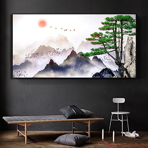 Dittelle Style japonais brumeux montagne toile peinture Art minimaliste paysage lever du soleil oiseau pin arbre mur Art photo impression décor 50x100 cm sans cadre