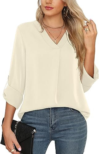 Yommay Langarmshirts für Damen Bluse Sommer Elegant V-Ausschnitt Tunika Longshirtt Oberteil Flowy Kurze Ärmel Chiffon Tops(Beige Weiß,EU XL)