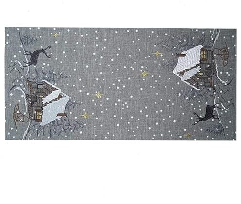 Tischdecke Mitteldecke Tischläufer Kissenhülle Winter grau braun Bestickt mit Motiv Winterwald Elch goldene Sterne (35 x 70 cm)
