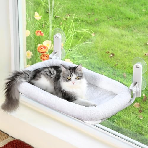 Zakkart Foldable Cat Hammock for Window - Cordless, Machine Washable Bed, Robust Metal Frame & ABS Brackets- Cat Window Perch for Large Cats and Kittens (White Bolster Bed, Large)
