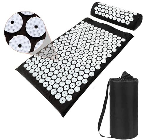 Akupunkturmatte und Kissen Set mit Tasche,Akupunkturmatte für Hals und Rücken Schmerzlinderung- Stress Relief Massage Matte (Große Größe 27 X 17 Zoll, schwarz)