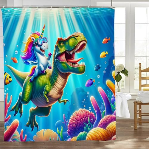 Yibuda Rideau de douche en tissu imperméable avec crochets - Motif dinosaure nautique et licorne - 152,4 x 182,9 cm
