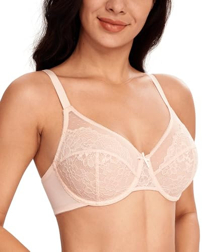 Lemorosy Women's Full Coverage Minimizer Bra Unpadded Underwire Breathable Lace Everyday Underwear(Pink,38E)