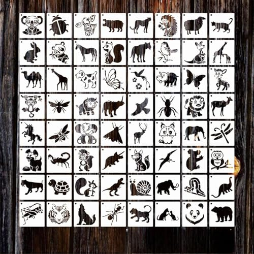 64 Stück Tierschablonen zum Malen, kleine wiederverwendbare Hirsch-Bär-Schablonen-Vorlage, Baum, Biene, Vogel, Schmetterling, DIY-Bastel-Malschablonen zum Malen auf Holz, Wand, Karte, Stein-Dekoration