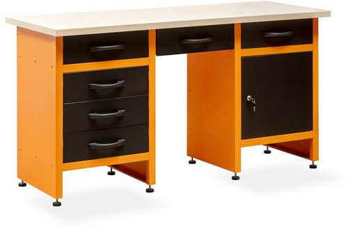 METALLMOBELL - Etabli Atelier Garage | 160x60x84cm, avec Tiroirs et Armoire Verrouillable | Table de Travail Bricolage, Établi Atelier, Meuble Garage MB09N