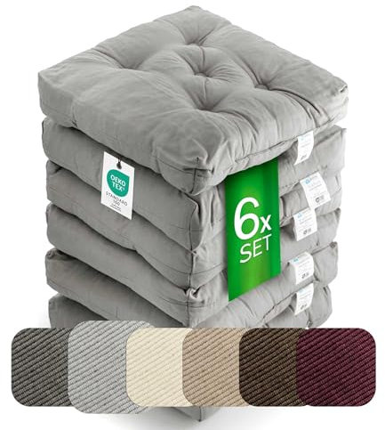 etérea Sitzkissen 42x42 cm 6er Set - Grau 8 cm hoch - Bodenkissen für Indoor, Outdoor, Küche, Garten, Auflage - Heidi Stuhlauflage - 6 Stück Stuhlkissen 40x40 cm Grau
