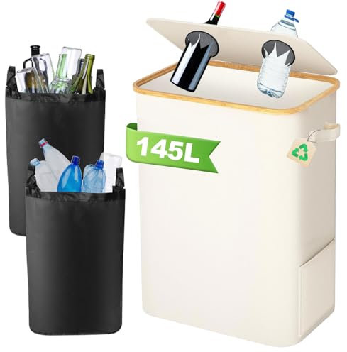 TFCIOD Poubelle cuisine avec Couvercle, Poubelle avec 2 Sacs de Transport, Stockage des Bouteilles Consignées, Déchets et Recyclage, Capacité de 145 L avec Poches Latérales (Beige)