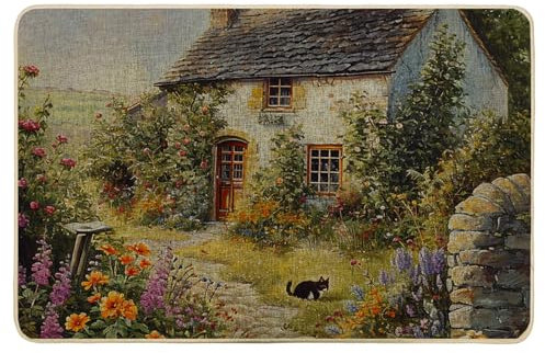 Fußmatte Hütte Land Katze Blume Lavendel Blatt Botanisch Dorf Rustikal Grün Duschvorleger rutschfest Badezimmerteppich Waschbar Badteppich Für Eingang Toilette Küche 40x60cm