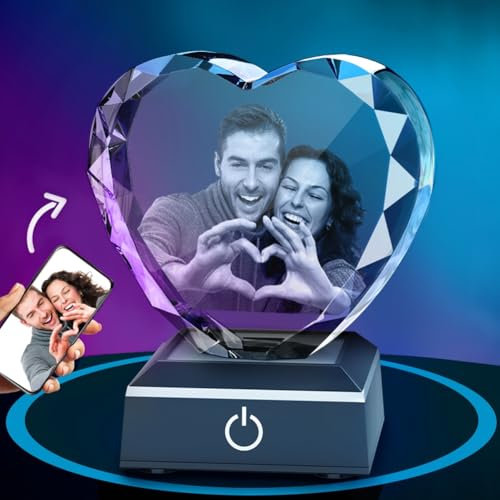 LOJWRY Herzförmiges 3D-Kristallfoto Mit LED-Ringbeleuchtung – Romantisches Geschenk für Damen & Herren | Lasergravur für Liebesbeweise oder Jubiläen (herzförmig)