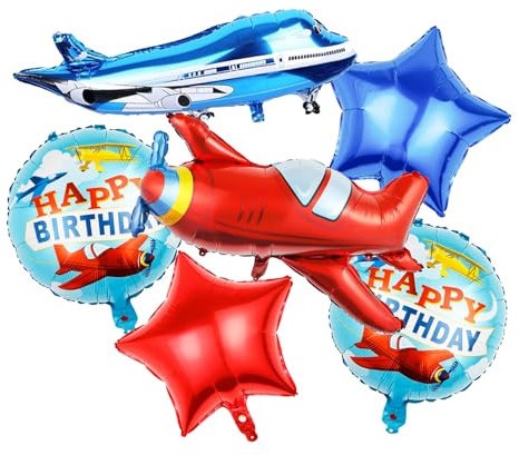 KOBOKO Flugzeug Deko Luftballon Geburtstag, 6 Stk Flugzeug Ballon Geburtstag Junge, Airplane Helium Ballons Geburtstagsdeko Jungen, Stern Folienballons für Kindergeburtstag Flugzeuge Thema Party Deko