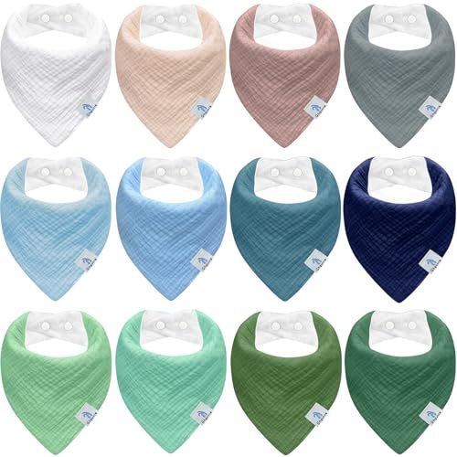 Ghguole 12 Stück Lätzchen Baby Dreieckstuch Baby,Musselin Halstuch für Junge und Mädchen,HalstücherBaby Bio-Baumwoll,Sabberlätzchen Super Saugfähige,Verstellb