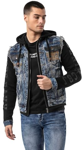 Cipo & Baxx Herren Hybrid-Denimjacke Series - Klassische Denim, Leder, Sport Verschiedene Jackenmodelle - Knopf und Reißverschluss - Sweat-Kapuze und Sweatärmeln - mit Modernen Komfort-Details