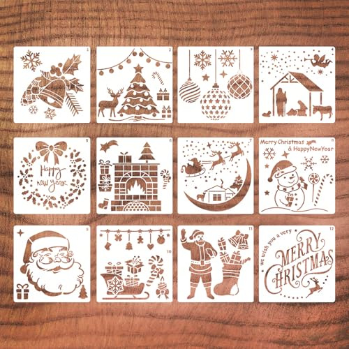 12 Stück wiederverwendbare Weihnachtsschablonen aus Kunststoff, Weihnachtsmalschablonen für Fenster, Malschablonen und Bastelarbeiten für Weihnachtsdekorationen
