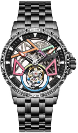JDLERMY Herren-Armbanduhr mit echtem Tourbillon-Skelett, mechanischer Handaufzug, Saphirglas, Business-Doppelseite, hohles Zifferblatt, wasserdicht, leuchtend, Edelstahl oder echtes Lederband