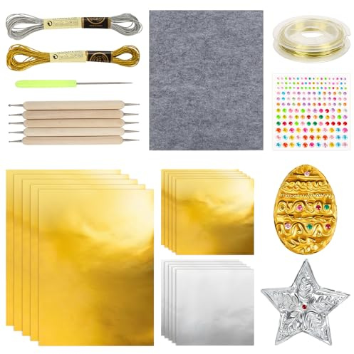 26Stk Prägefolie Set Dekorativ, Foil Karton Goldfolie Transferfolien zum Basteln Aluminium Bastelfolie Bögen, Gold Silber Geprägte Kunstprojektbögen Bastelzubehör Für Kunsthandwerk Wie Malen Schnitzen