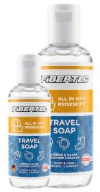 FIBERTEC Travel Soap Bundle 100ml & 250ml - All-in-1 Reise-Seife flüssig, Körperpflege, Waschmittel & Geschirrspülmittel in einer Universal-Lösung, Made in Germany