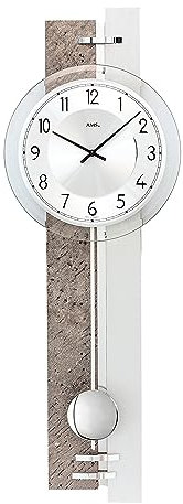 AMS. Pendelwanduhr 7440, Quarz, Holzgehäuse mit Naturstein/Aluminium-Auflage, Mineralglas, Made in Germany