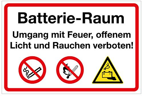 WANDKINGS Hinweisaufkleber für den Innen- und Außenbereich - Batterie-Raum Umgang mit Feuer, offenem Licht und Rauchen verboten! - 30x20 cm - Aufkleber ohne Schild
