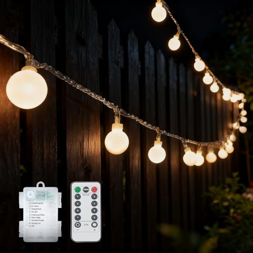 GHJ LED Battery Operated Remote Control Waterproof Indoor/Outdoor Globe Ball String Fairy Lights with Timer / 8 Modes/Dimmable for Christmas Tree Xmas Garden Party (100 LEDs, Warm White)