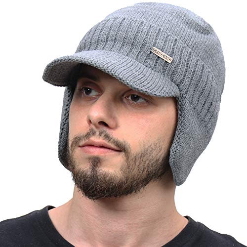 Berretto invernale con visiera e paraorecchie per uomo e donna, set di cappello in pile per attività all'aperto, Beanie Grigio, taglia unica