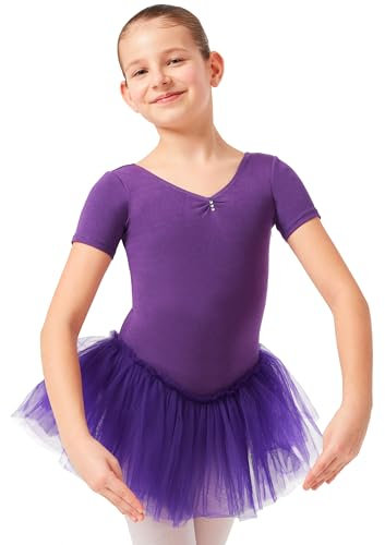 tanzmuster ® Ballettkleid Mädchen Tutu - Nele- aus weichem Baumwollstoff mit Glitzersteinen fürs Kinder Ballett Ballettbody Ballett Trikot, Lila 152-158