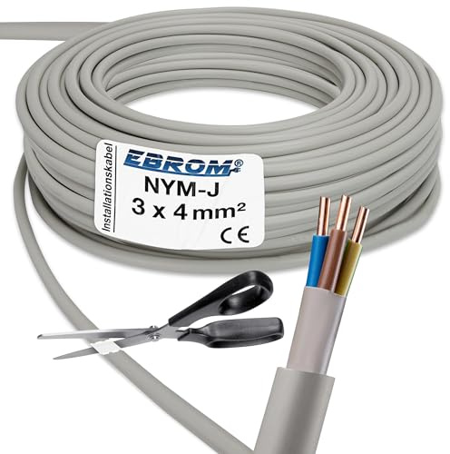 EBROM NYM-J 3x4 mm² Mantelleitung Installationskabel grau - Länge: 19 m | 1 bis 80 Meter, Installationsleitung Feuchtraumkabel für die feste Verlegung in trockenen + feuchten Räumen 3x4 mm2 300V/500V