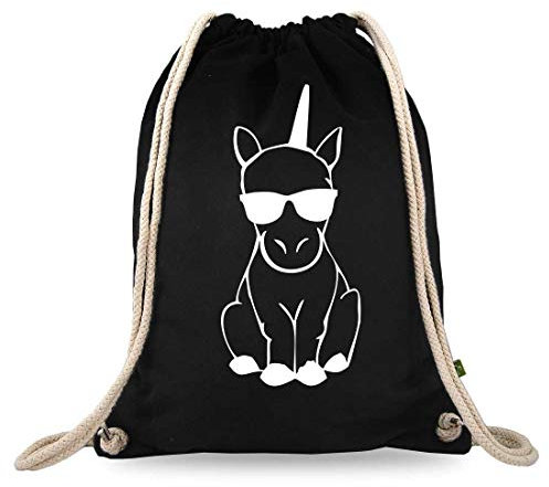 Turnbeutelliebe® Turnbeutel mit Spruch - lustige Motive & Sprüche - Bedruckt - Baumwolle schwarz - Sportbeutel - Rucksack - ca. 12 Liter - 37 x 46 cm (Einhorn Sonnenbrille)